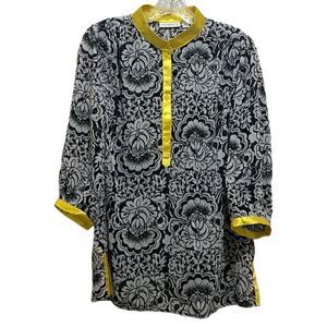 Susan Graver top mandarin floral 3/4 sleeves sheer black white yellow Medium